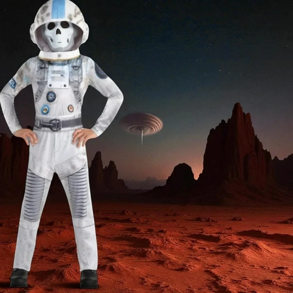 Zombie Skeleton‎ Astronaut Costume Helmet Kids Space Suit Glow in dark 3 piece - Picture 2 of 11
